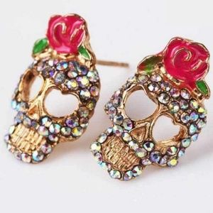 Post Earrings -Guns and Roses Skull Multi Crystal